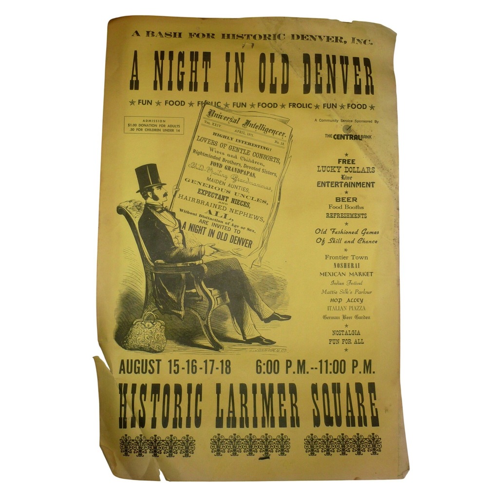 Vintage A Night Old Denver Poster Historic Larimer Square Broadside 1970s 15x23